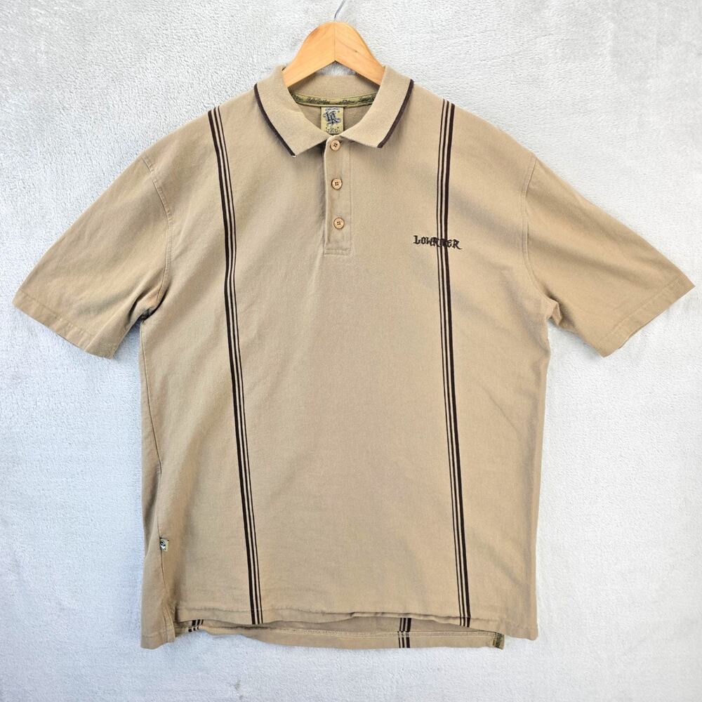 Vintage Lowrider Striped Polo Shirt Mens XL Beige 90s Y2K Chicano Cholo